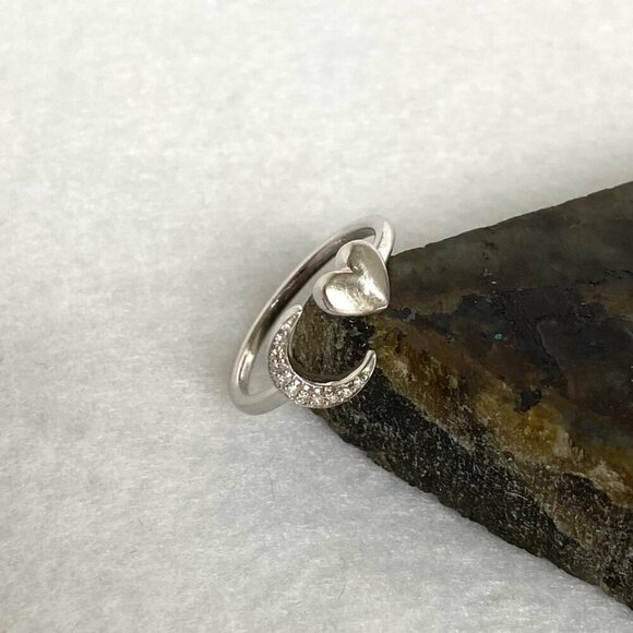 Sterling Silver 925 Dainty Diamond Crescent Moon & Heart Bypass Band Ring Sz 5 - Picture 2 of 16